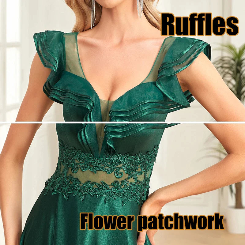 Satin Patchwork Lace Ball Gown Ruffles Illusion Scoop Wedding Party Emerald Green Tulle A Line Dresses Ladies Corset-payinti