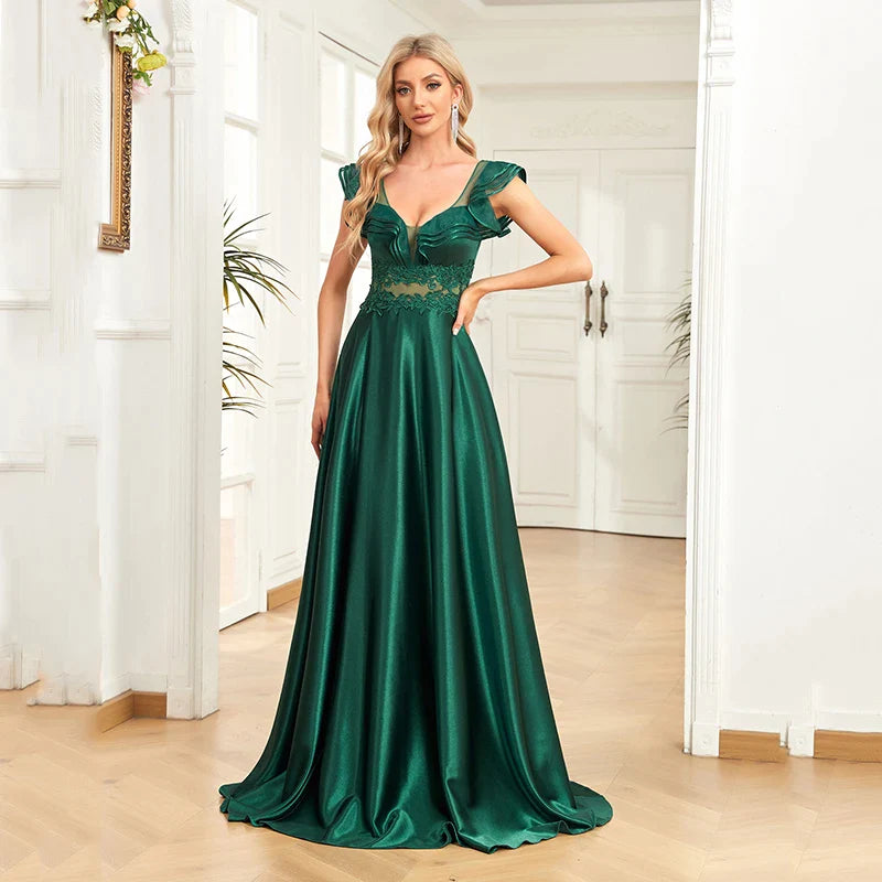Satin Patchwork Lace Ball Gown Ruffles Illusion Scoop Wedding Party Emerald Green Tulle A Line Dresses Ladies Corset-payinti