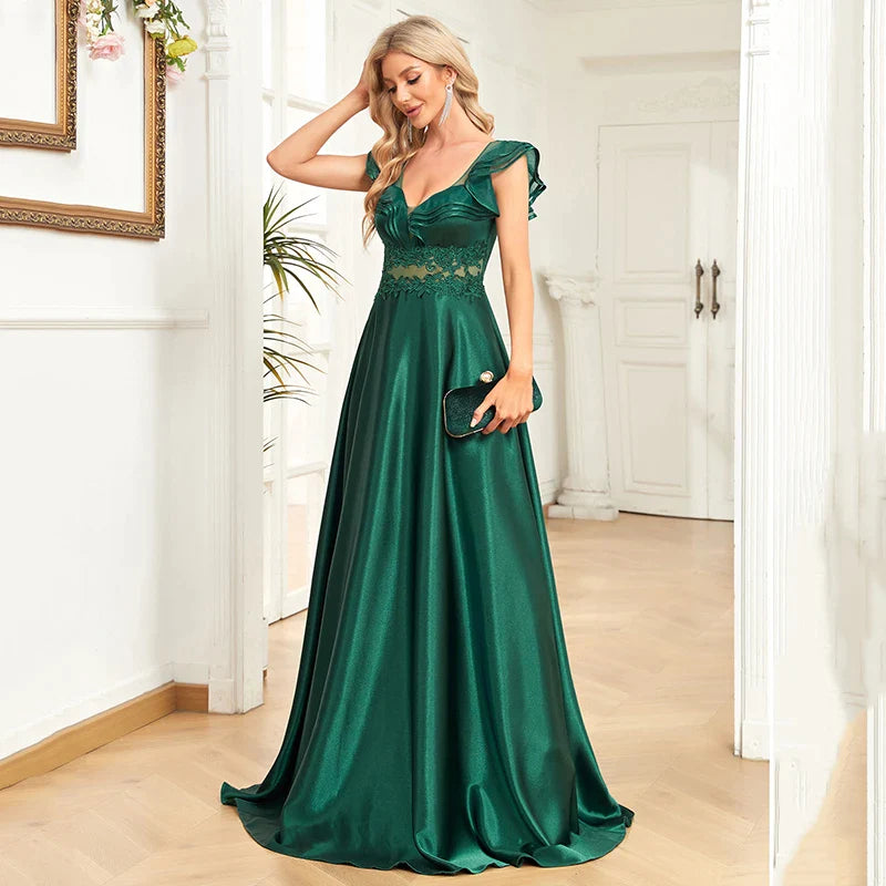 Satin Patchwork Lace Ball Gown Ruffles Illusion Scoop Wedding Party Emerald Green Tulle A Line Dresses Ladies Corset-payinti
