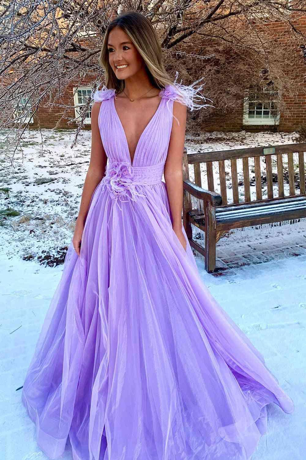 Feathers Backless Pink Plunging V-Neck Tulle Long Formal Dress