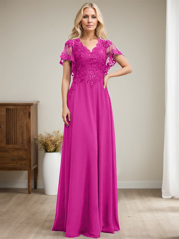 A-Linie V-Ausschnitt Bodenlanges Spitzenchiffonkleid für die Brautmutter mit Pailletten