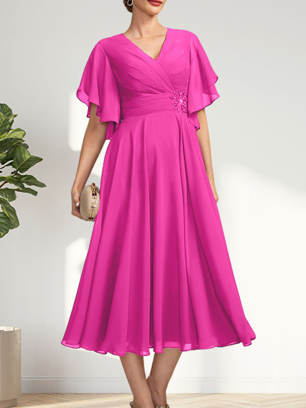 A-line V-Neck Tea-Length Chiffon Mother of the Bride Dress With Pleated Beading