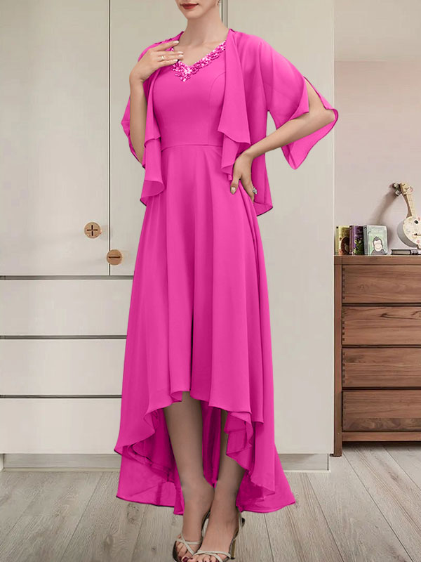 A-Linien-Kleid mit V-Ausschnitt, asymmetrischem Chiffon für die Brautmutter mit Perlen und Pailletten