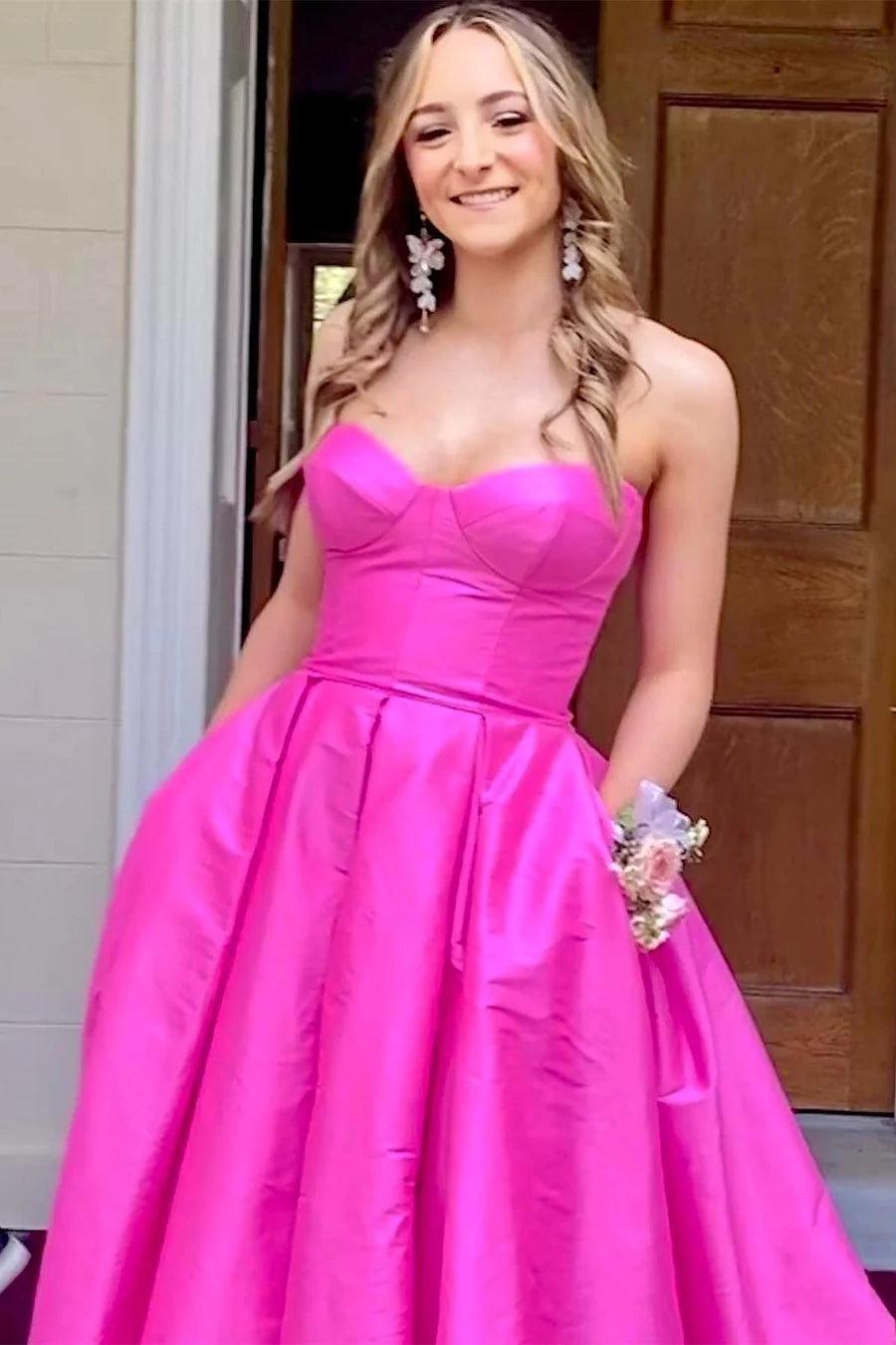 Fuchsia Strapless Satin Sweeping Long Prom Evening Dress With Pockets