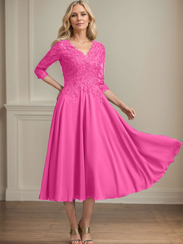 A-line V-Neck Tea-Length Chiffon Lace Mother of the Bride Dress With Beading Sequins