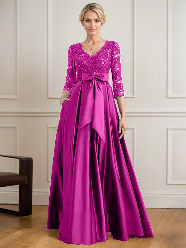 A-Linie V-Ausschnitt Bodenlanges Satin-Spitzenkleid für die Brautmutter mit Paillettenschleife