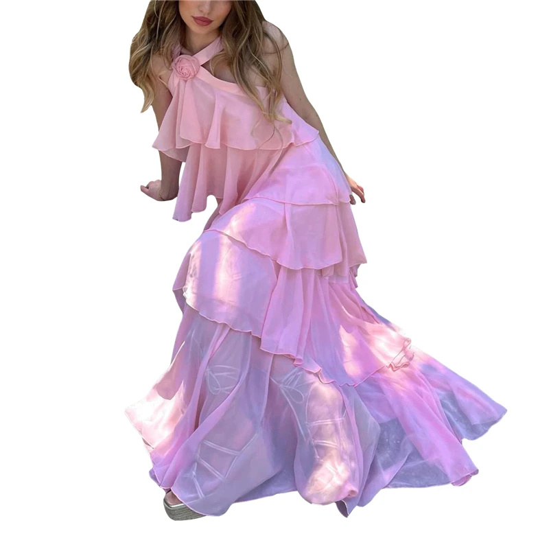 Rosa A-Linie Stufen-Ballkleid für Damen Rosa Rückenfreies Abendkleid Y4532