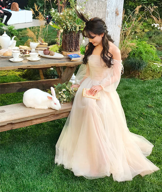 Champagner Tüll langes Ballkleid, Champagner Tüll Abendkleid Y257