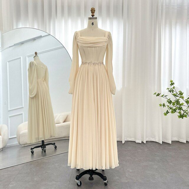Vestido de noche árabe midi corto beige con cinturón, manga larga, largo hasta la rodilla, para mujer, vestido formal de boda Y4847
