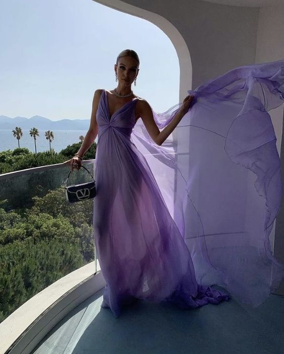 Vestido de fiesta de tul morado con escote en V, largo y sencillo, Y7774