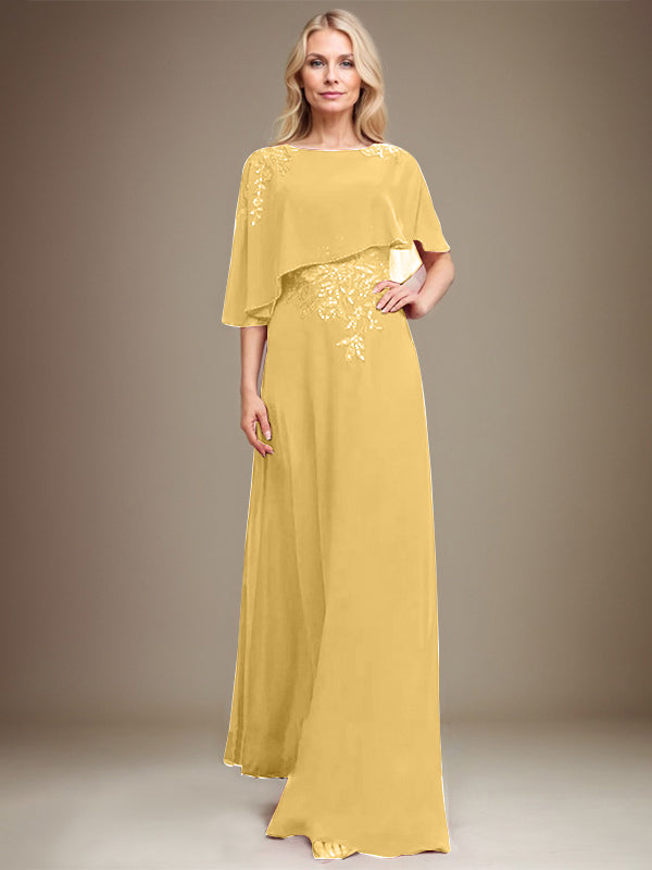 A-Linie U-Ausschnitt Bodenlang Chiffon Spitze Kleid für die Brautmutter mit Pailletten und Perlen