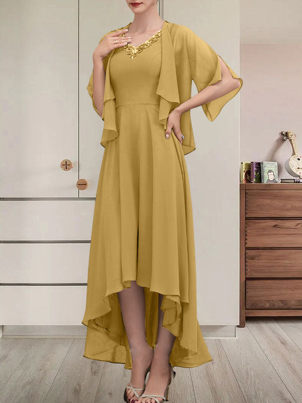 A-Linien-Kleid mit V-Ausschnitt, asymmetrischem Chiffon für die Brautmutter mit Perlen und Pailletten