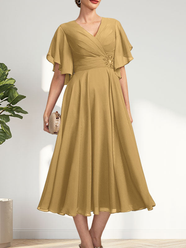 A-line V-Neck Tea-Length Chiffon Mother of the Bride Dress With Pleated Beading