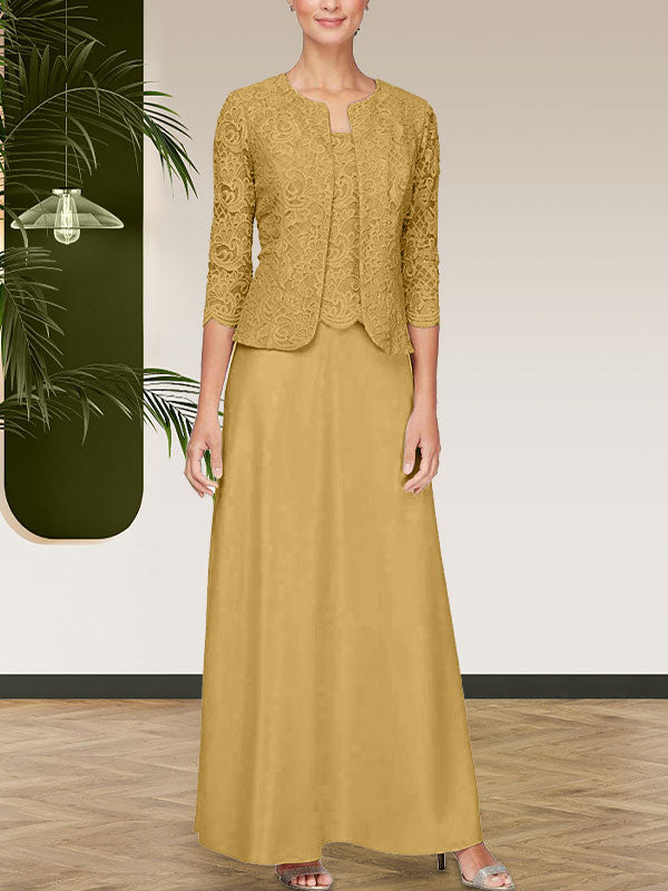 Jackenkleid aus Glitzerspitze und Satinrock mit offener Jacke