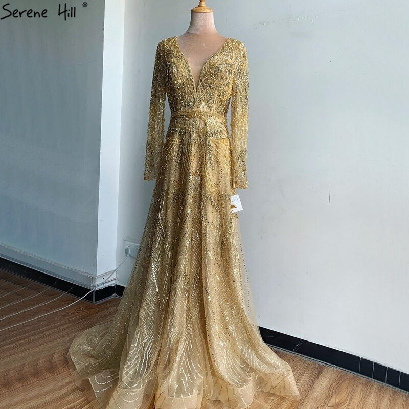 En oferta, sin devolución ni reembolso, vestido de noche sexy de lujo con escote en V y corte en A dorado, 2025, con perlas y cristales, mangas largas, vestido formal LA70287L