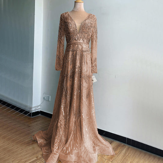 En oferta, sin devolución ni reembolso, vestido de noche sexy de lujo con escote en V y corte en A dorado, 2025, con perlas y cristales, mangas largas, vestido formal LA70287L