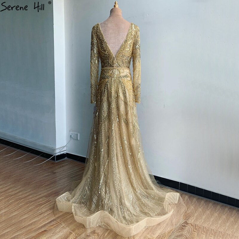 En oferta, sin devolución ni reembolso, vestido de noche sexy de lujo con escote en V y corte en A dorado, 2025, con perlas y cristales, mangas largas, vestido formal LA70287L