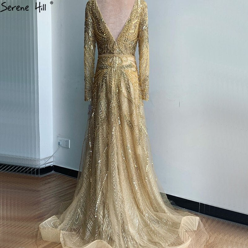 En oferta, sin devolución ni reembolso, vestido de noche sexy de lujo con escote en V y corte en A dorado, 2025, con perlas y cristales, mangas largas, vestido formal LA70287L