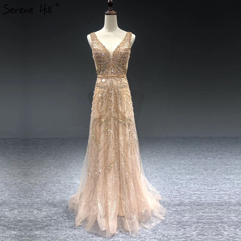 En oferta, sin devolución ni reembolso, vestido de noche sexy de lujo con escote en V y corte en A dorado, 2025, con perlas y cristales, mangas largas, vestido formal LA70287L