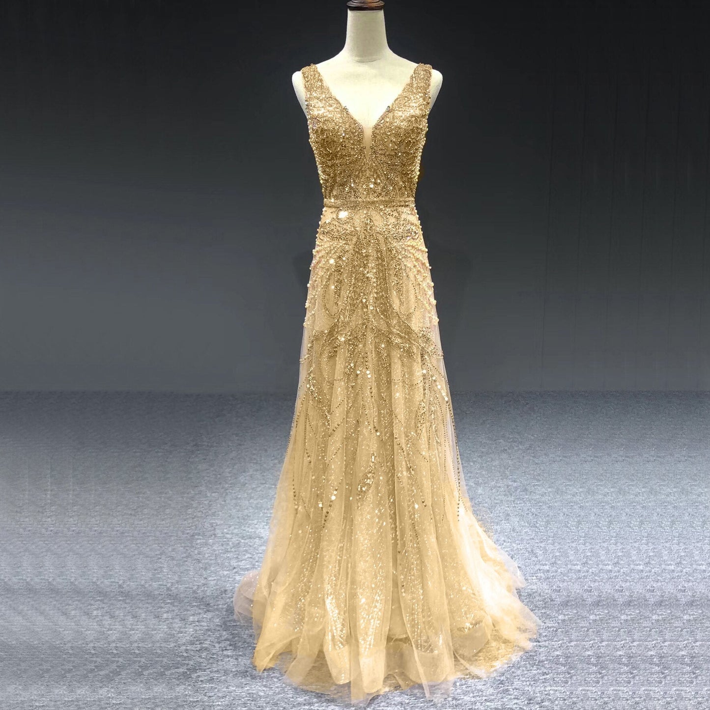En oferta, sin devolución ni reembolso, vestido de noche sexy de lujo con escote en V y corte en A dorado, 2025, con perlas y cristales, mangas largas, vestido formal LA70287L