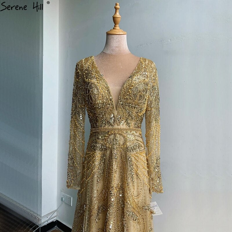 En oferta, sin devolución ni reembolso, vestido de noche sexy de lujo con escote en V y corte en A dorado, 2025, con perlas y cristales, mangas largas, vestido formal LA70287L