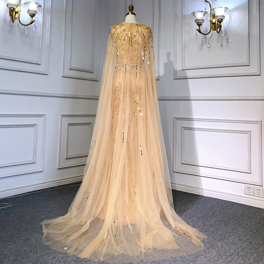 Gold Arabisch Cape Ärmel Perlen Abendkleider Kleider 2025 Meerjungfrau Elegante Luxus Für Frauen Party LA71496