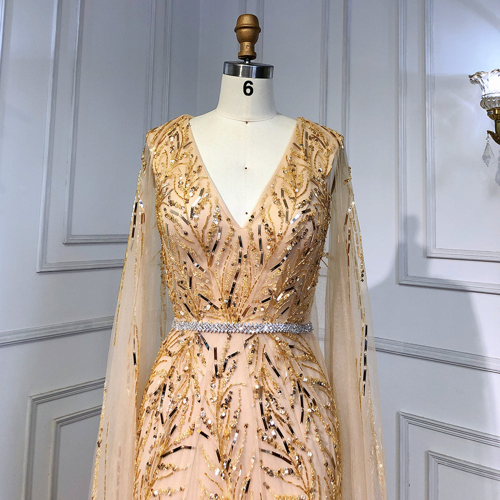 Gold Arabisch Cape Ärmel Perlen Abendkleider Kleider 2025 Meerjungfrau Elegante Luxus Für Frauen Party LA71496