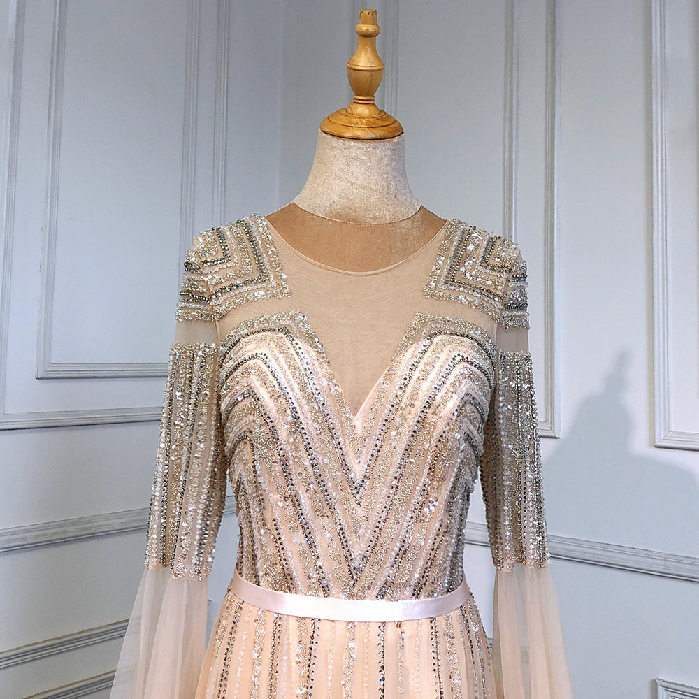 Gold Arabisch Luxus Cape Ärmeln Abendkleider Kleider 2025 Perlen A-Linie Für Frauen Party LA71598