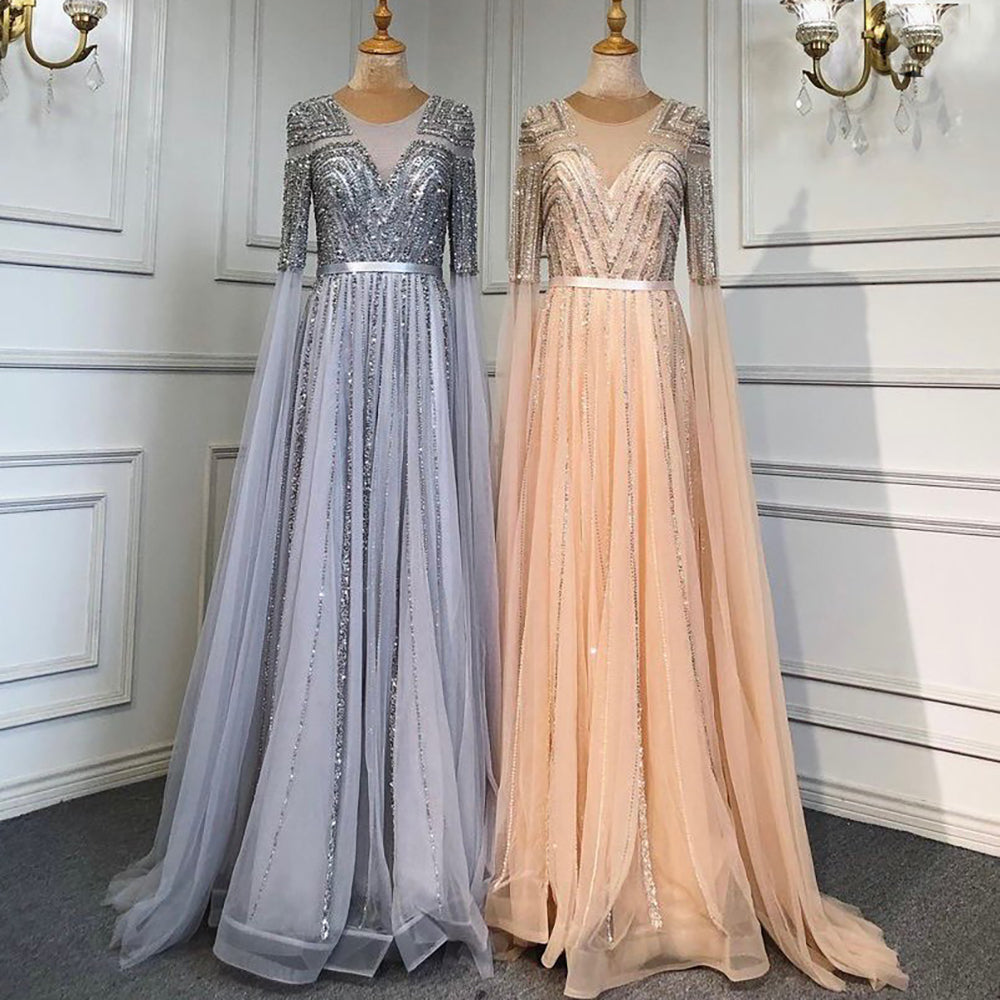 Gold Arabisch Luxus Cape Ärmeln Abendkleider Kleider 2025 Perlen A-Linie Für Frauen Party LA71598
