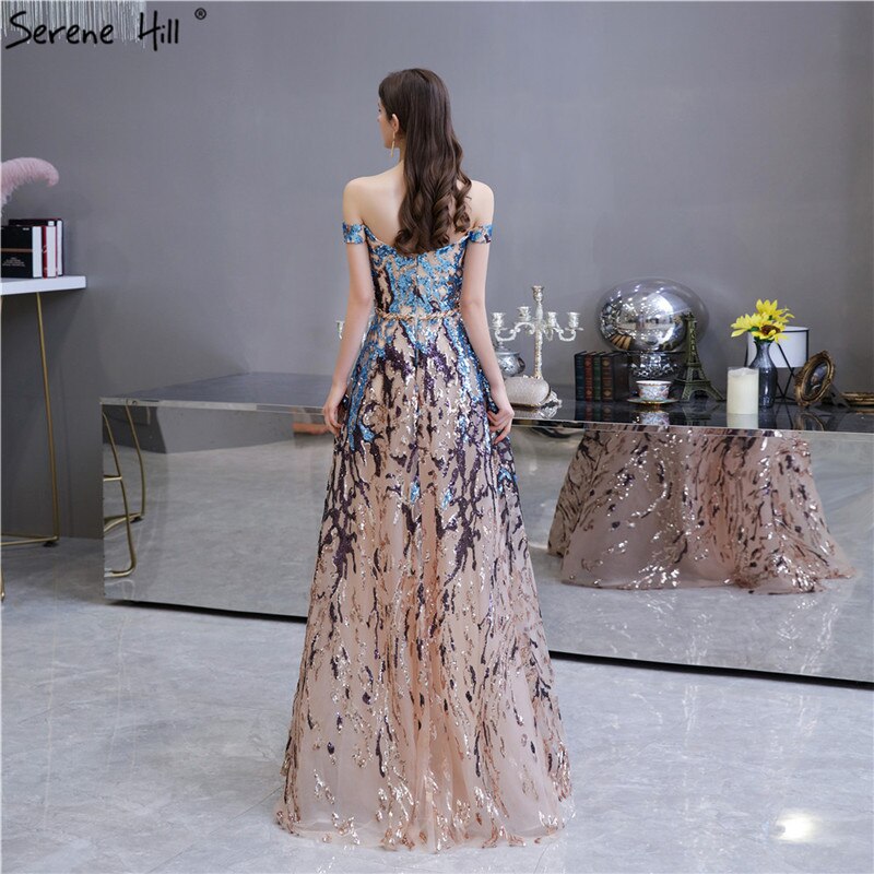 Goldblaue Pailletten Ärmellose Sexy Abendkleider 2025 Off Shoulder Sparkle A-Linie Abendkleid LA70373
