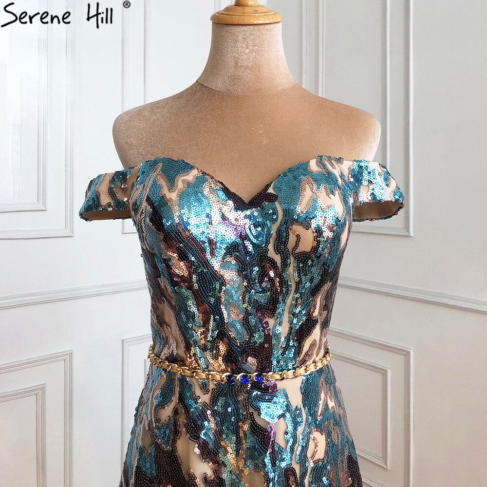 Goldblaue Pailletten Ärmellose Sexy Abendkleider 2025 Off Shoulder Sparkle A-Linie Abendkleid LA70373