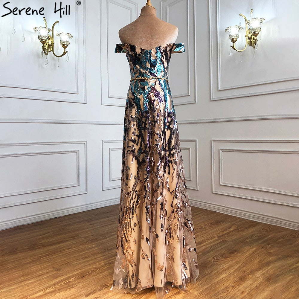 Goldblaue Pailletten Ärmellose Sexy Abendkleider 2025 Off Shoulder Sparkle A-Linie Abendkleid LA70373