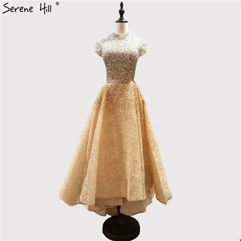 Gold High Neck Luxus Asymmetrische Abendkleider 2025 Perlen Pailletten Ärmellose Abendkleider LA60757