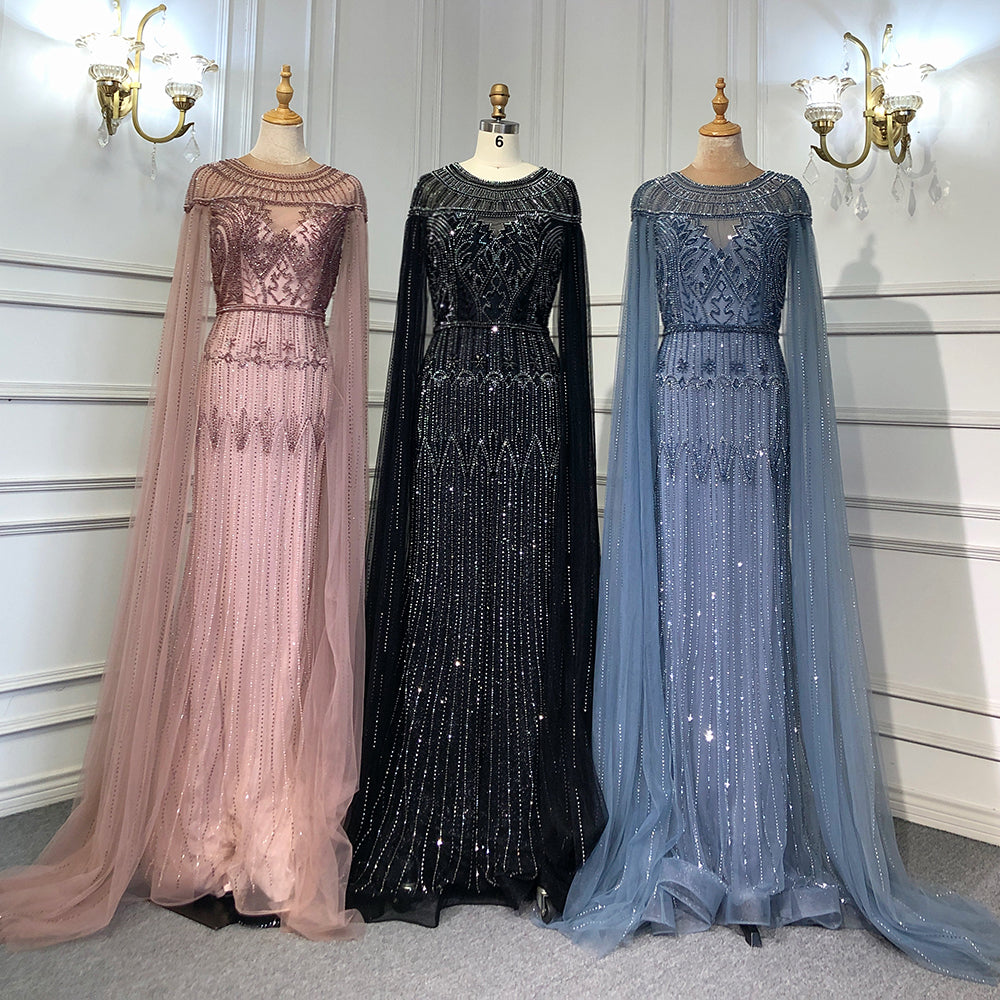 Gold Luxus Arabisch Cape Ärmeln Abendkleider Kleider 2025 Perlen Meerjungfrau Für Frauen Party LA71620