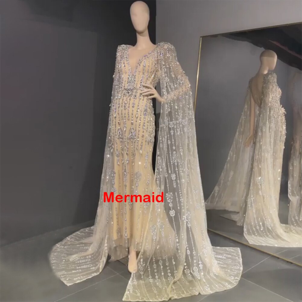Gold Luxus Cape Sleeve Abendkleider Kleider 2025 Perlen A-Line High-end Für Frauen Party LA71463A
