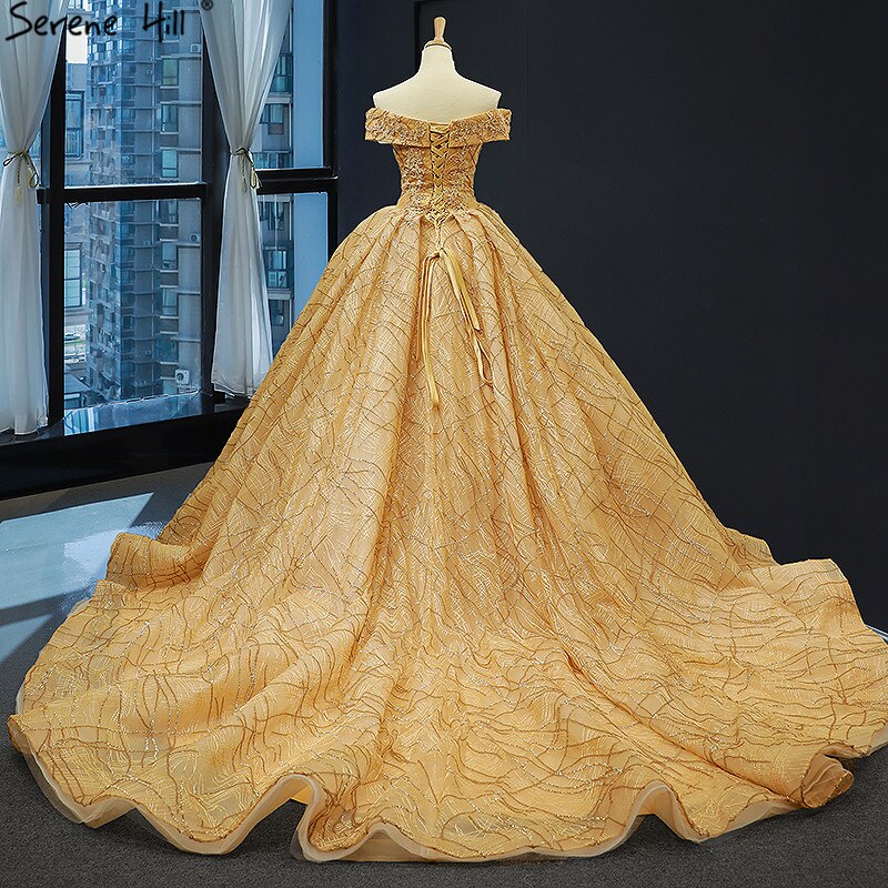 Gold Luxus Off Schulter Sexy Brautkleider 2025 Neueste Design Handgemachte Blumen Perlen Brautkleider HM66844 Nach Maß