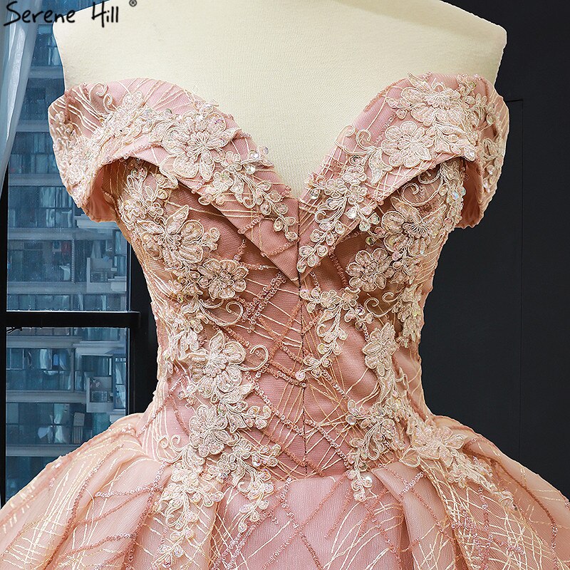 Gold Luxus Off Schulter Sexy Brautkleider 2025 Neueste Design Handgemachte Blumen Perlen Brautkleider HM66844 Nach Maß
