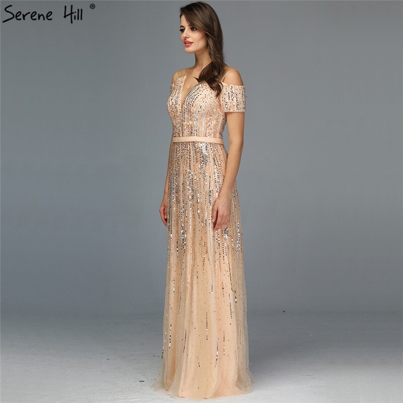 Sale Gold Luxury Sexy V-Neck Evening Dressese 2025 Short Sleeve Beading Sequined A-Line Evening Gowns LA70151