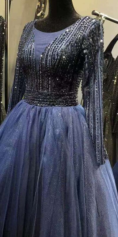 Gold O-Ausschnitt Pailletten Perlen A-Linie Abendkleider Design 2025 Lange Ärmel Schnürung Formales Kleid LA70237