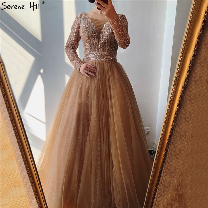 Gold O-Ausschnitt Pailletten Perlen A-Linie Abendkleider Design 2025 Lange Ärmel Schnürung Formales Kleid LA70237