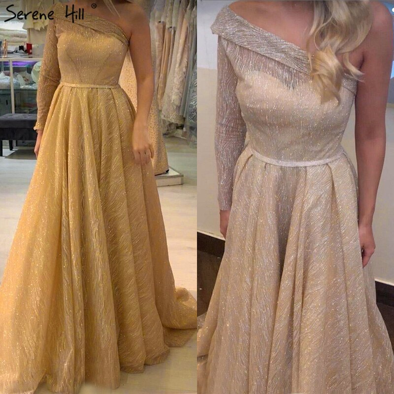 En oferta, sin devolución ni reembolso. Vestidos de noche Dubai sexys dorados de un solo hombro 2025, mangas largas, vestido formal de lujo con brillo en forma de A LA70329