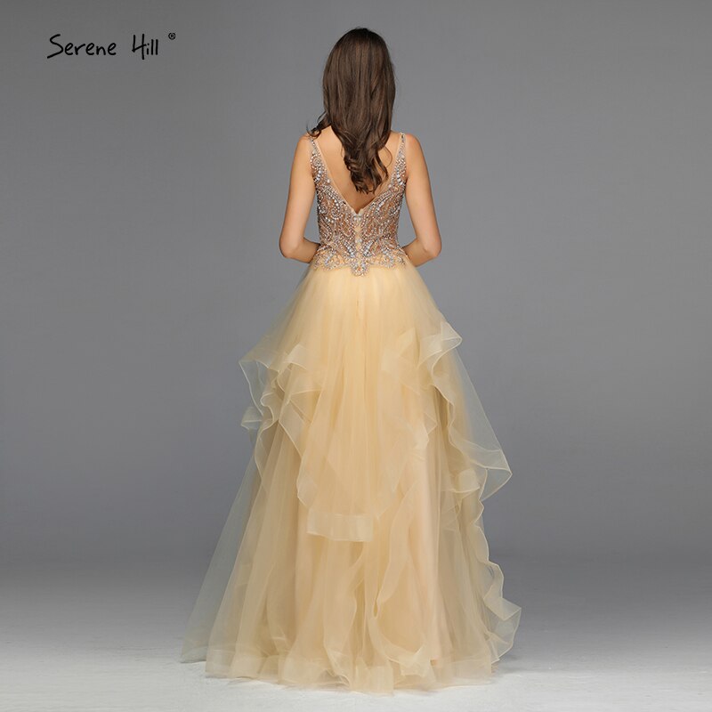 En oferta, sin devolución ni reembolso. Oferta: Vestido de noche dorado con escote en V, cuentas y diamantes. Vestido de noche sexy de corte A sin mangas. Diseño 2025 LA70149.