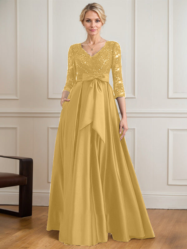 A-Linie V-Ausschnitt Bodenlanges Satin-Spitzenkleid für die Brautmutter mit Paillettenschleife