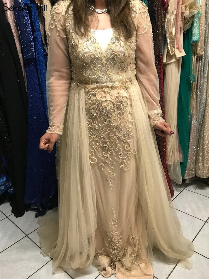 Muslim Long y V-Neck New Evening Dress 2025 A-Line Fashion Diamond Beading With Over Skirt Evening Dress Real Photo LA6571