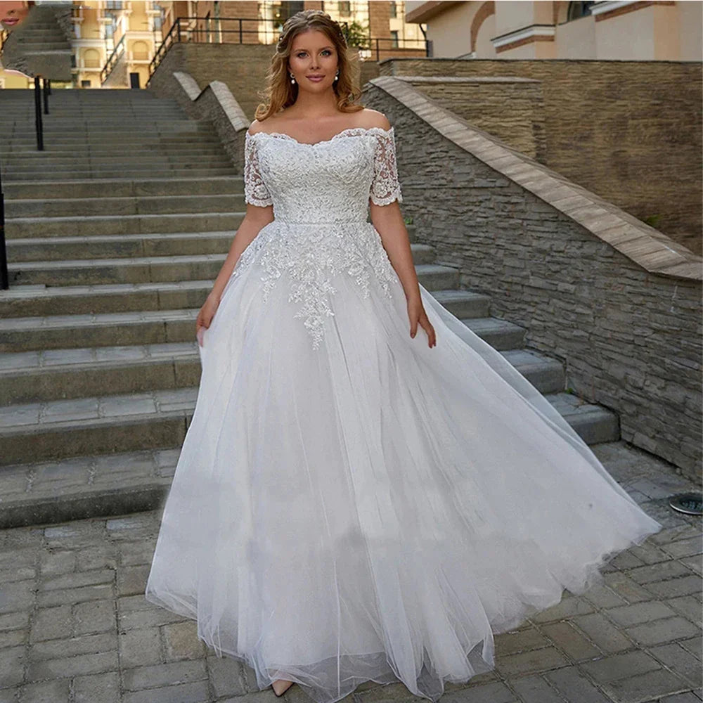 Gorgeous Boho Off Shoulder Wedding Dresses Plus Size Women Lace Applique Short Sleeves Tulle Beautiful Fascinating Bride Gowns-payinti