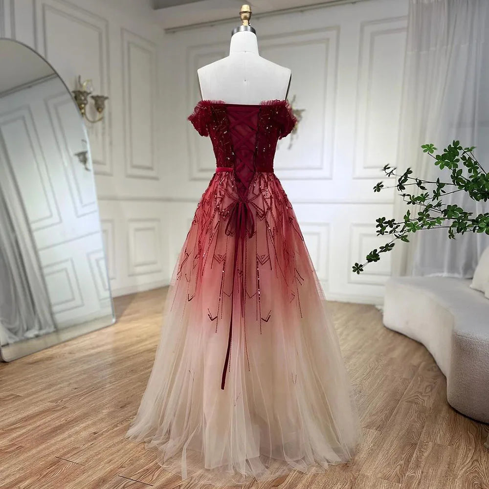 Allmähliche Veränderung Rot A-Linie Sexy Abendkleider 2025 Perlen Pailletten Boot-Ausschnitt Abendkleid Design LA70516