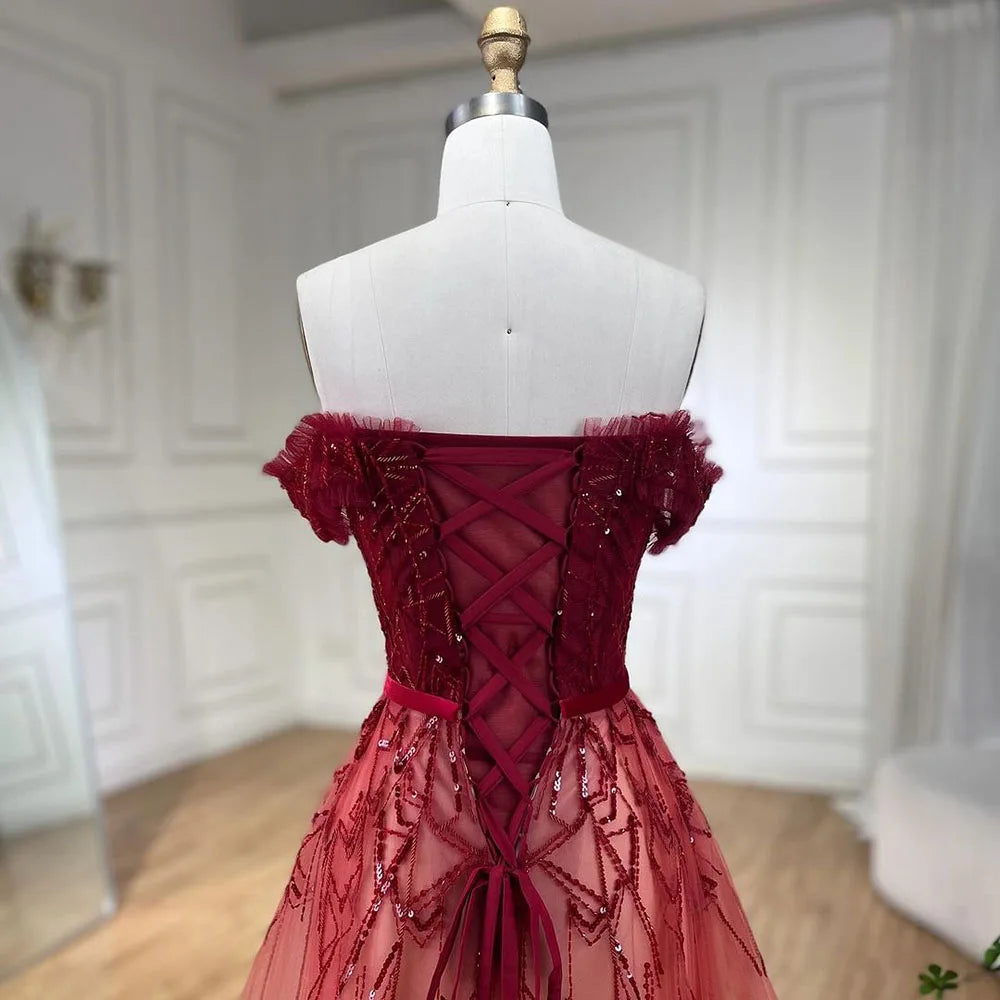 Allmähliche Veränderung Rot A-Linie Sexy Abendkleider 2025 Perlen Pailletten Boot-Ausschnitt Abendkleid Design LA70516
