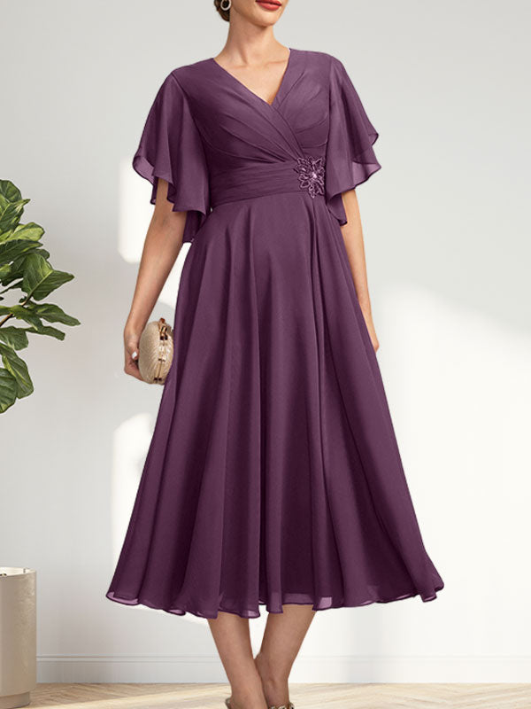 A-line V-Neck Tea-Length Chiffon Mother of the Bride Dress With Pleated Beading