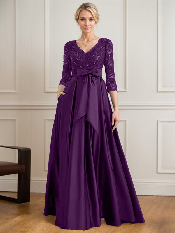 A-Linie V-Ausschnitt Bodenlanges Satin-Spitzenkleid für die Brautmutter mit Paillettenschleife