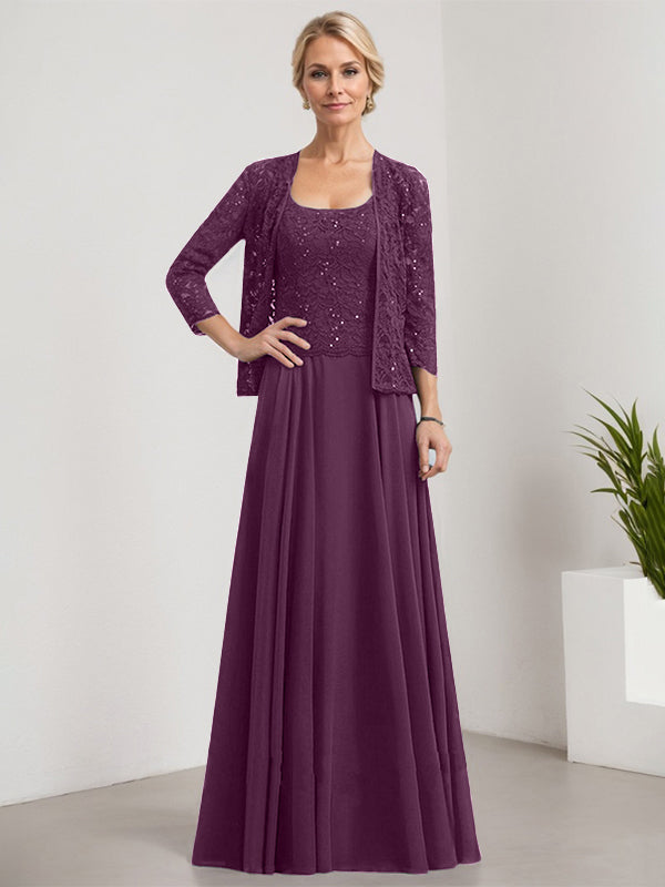 A-Linie Quadratisches Bodenlanges Spitzen-Chiffon-Kleid für die Brautmutter mit Pailletten